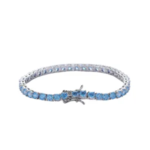 Single row tennis bracelet with light blue round cut cubic zirconia in silver plating