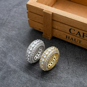 Bagues hip hop avec cinq rangées de zircons plaqués or et argent pour hommes stylés