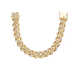 13mm Iced Out Cuban Link Bracelet in gold plating with full cubic zirconia for men