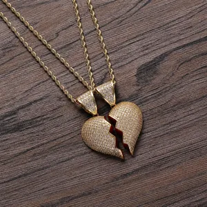Collana con Pendente a Cuore Infranto Iced Out Hip Hop per Coppie in Rame Placcato Oro Argento Zirconia Catena a Corda Acciaio