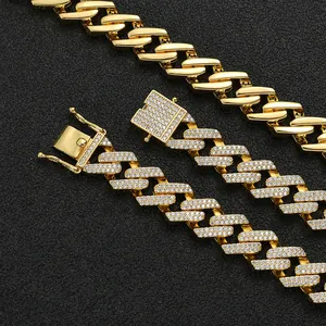 13mm gold plated Cuban link chain necklace with full zircon pavé hip hop jewelry for men
