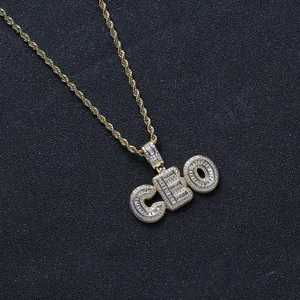 Hip-Hop gold rope chain necklace featuring a luxury CEO iced out zircon pendant