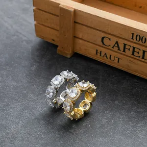 Anello in Rame con Zirconia Quadrata Iced Out Hip Hop Oro Argento Placcato AAA CZ Halo Eternity Band per Uomo Donna Gioielli
