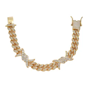 10mm Hip Hop gold Cuban link bracelet with iced out crystals and thorn X-shaped accents