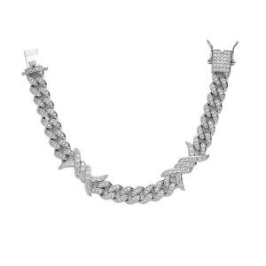 10mm silver-tone Iced Out Cuban bracelet with pavé-set zircons and X-cross elements