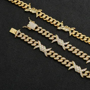 10mm gold Cuban link chain necklace with iced out zircons and thorn X design