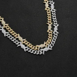 Hip-hop 10mm Cuban link necklaces in gold and silver with zircon thorns and cross charms