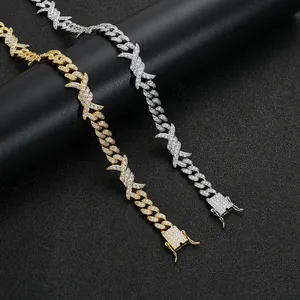 Iced Out 10mm Copper Zirconia Cuban Link Chain Barbed Wire X Design Necklace Bracelet Hip Hop Jewelry For Men Women Gold Silver Plated
