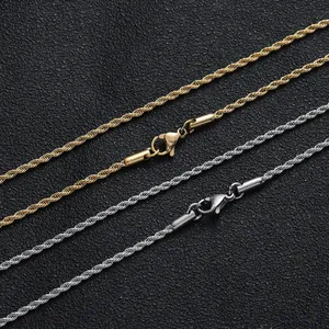 Close-up of 2mm stainless steel rope chains in gold, silver and gun black with lobster clasps