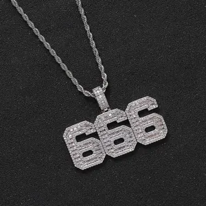 Hip Hop 666 Zahlenanhänger Halskette komplett besetzt mit Zirkonia Steinen in Silber