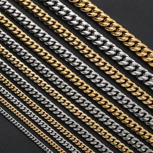 Polished stainless steel Cuban link chains in gold and silver colors with various widths