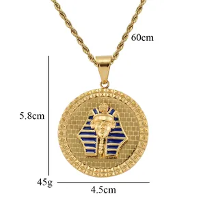 Collier pendentif Pharaon égyptien avec émail bleu et chaîne torsadée dorée de 60cm
