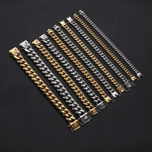 Detail view of gold and silver stainless steel Cuban link chains in various widths