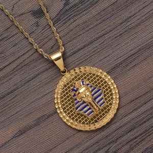 Collier Pendentif Pharaon Égyptien en Acier Inoxydable pour Hommes Hip Hop Plaqué Or Sphinx Rond Relief Émail Chaîne Torsadée Bijoux