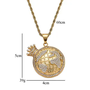 Hip-hop gold stainless steel crown earth pendant necklace with rhinestones and rope chain