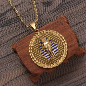 Collier Pharaon égyptien en acier inoxydable doré avec émail bleu et chaîne corde