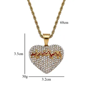 Hip-Hop Herz-Halskette mit goldener Kordelkette und roten EKG-Linien-Strasssteinen