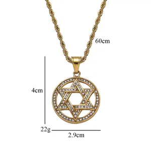 Goldener Hexagramm Davidstern Anhänger mit weißen Zirkonia auf 60 cm Seilkette
