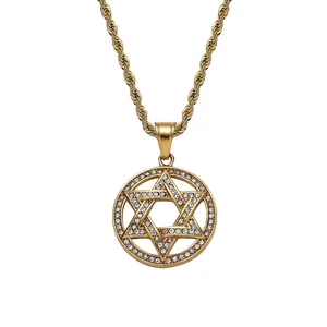 Hip-Hop-Goldanhänger mit Hexagramm-Stern und Zirkonia an einer goldenen Kordelkette