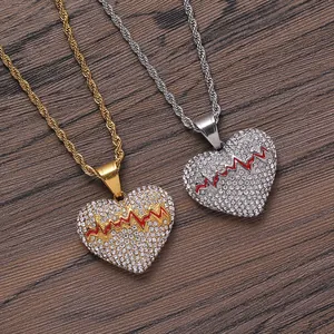Hip Hop Edelstahl Iced Out Herzschlag Gebrochenes Herz Anhänger Halskette Für Herren Damen Gold Silber Vergoldet Seilkette Schmuck