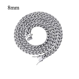 Detail view of 8mm wide polished silver stainless steel Cuban link chain with secure clasp