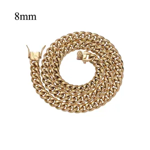 Detail view of 8mm gold-plated stainless steel Cuban link chain with secure box clasp