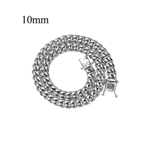 Detailed view of 10mm silver Cuban link chain with a heavy duty square clasp closure