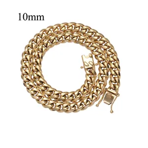Close-up of 10mm golden stainless steel Cuban link chain with detailed box clasp