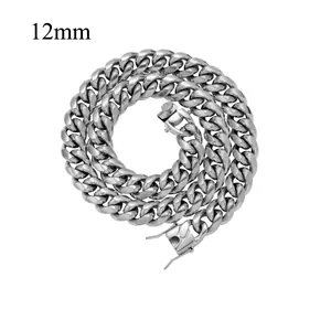 Close-up of 12mm silver stainless steel Cuban link chain with secure buckle closure