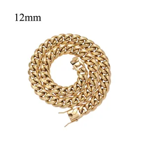 Close-up of 12mm gold stainless steel Cuban link chain with professional box clasp closure