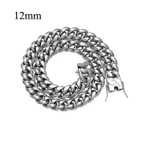 Detail view of 12mm silver stainless steel Cuban link chain with secure box clasp closure