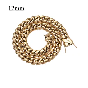 Close-up of 12mm wide polished gold Cuban link chain with secure double locking clasp