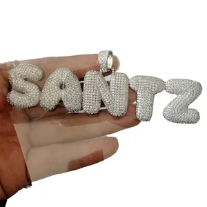 Custom iced out bubble letter SANTZ pendant with pavé cubic zirconia in hip hop style