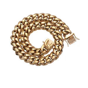 Polished gold stainless steel Cuban link chain with secure box clasp for men