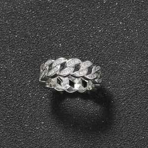 Close-up of silver Cuban link ring with full micro-paved cubic zirconia stones
