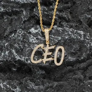 Gold plated CEO letter pendant necklace with micro-paved zircons on a rope chain