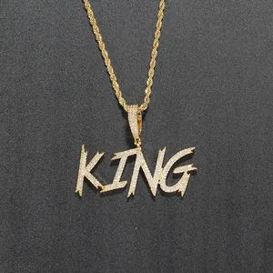 Hip hop KING pendant necklace with gold plated rope chain and pave set cubic zirconia