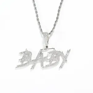 Macro shot of silver BABY letter pendant with micro-pave cubic zirconia on rope chain