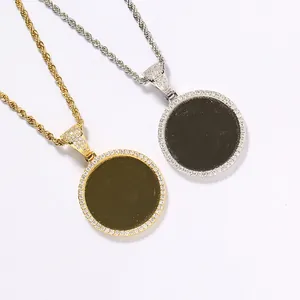Hip Hop Kupfer Rund Fotorahmen Anhänger Halskette Mit Zirkonia Edelstahl Kordelkette Für Herren Damen Mode Schmuck