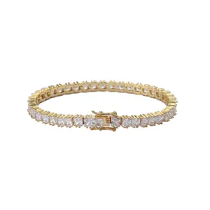 Golden 4mm square-cut zircon tennis bracelet with classic secure clasp on white background
