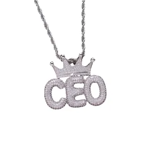 Pendentif CEO argent hip hop avec couronne et collier chaîne de corde épaisse pour hommes