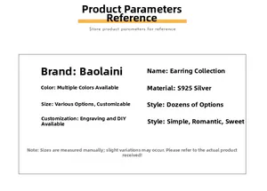 Detailed S925 sterling silver earring specification table with sizing and engraving info