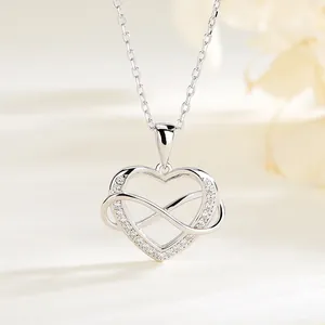 S925 sterling silver heart infinity necklace with cubic zirconia in a minimalist style