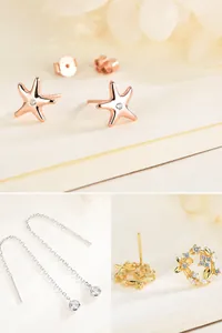 Detailed views of starfish studs, long silver chain earrings, and floral wreath studs