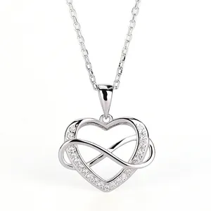 S925 sterling silver infinity heart pendant necklace with shimmering white zircons