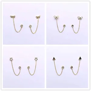 S925 Sterling Silver Double Piercing Chain Stud Earrings Gold Plated Zirconia Heart Butterfly Star Shell Ear Jewelry