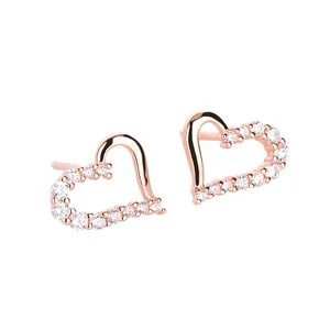 Elegant rose gold S925 silver heart stud earrings with asymmetric zircon pavé setting