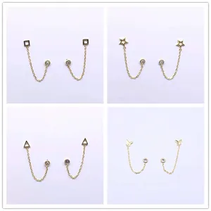 S925 silver double hole chain earrings with zircon in square star and butterfly shapes