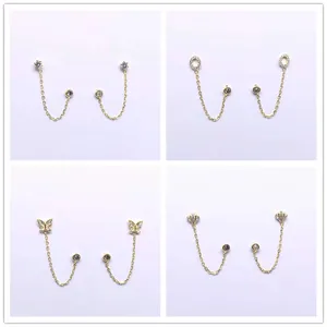 S925 silver double piercing earrings with gold chain and star butterfly shell charms