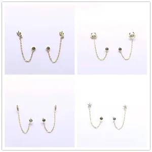 S925 silver double piercing earrings with gold chain and cactus star crab leaf charms